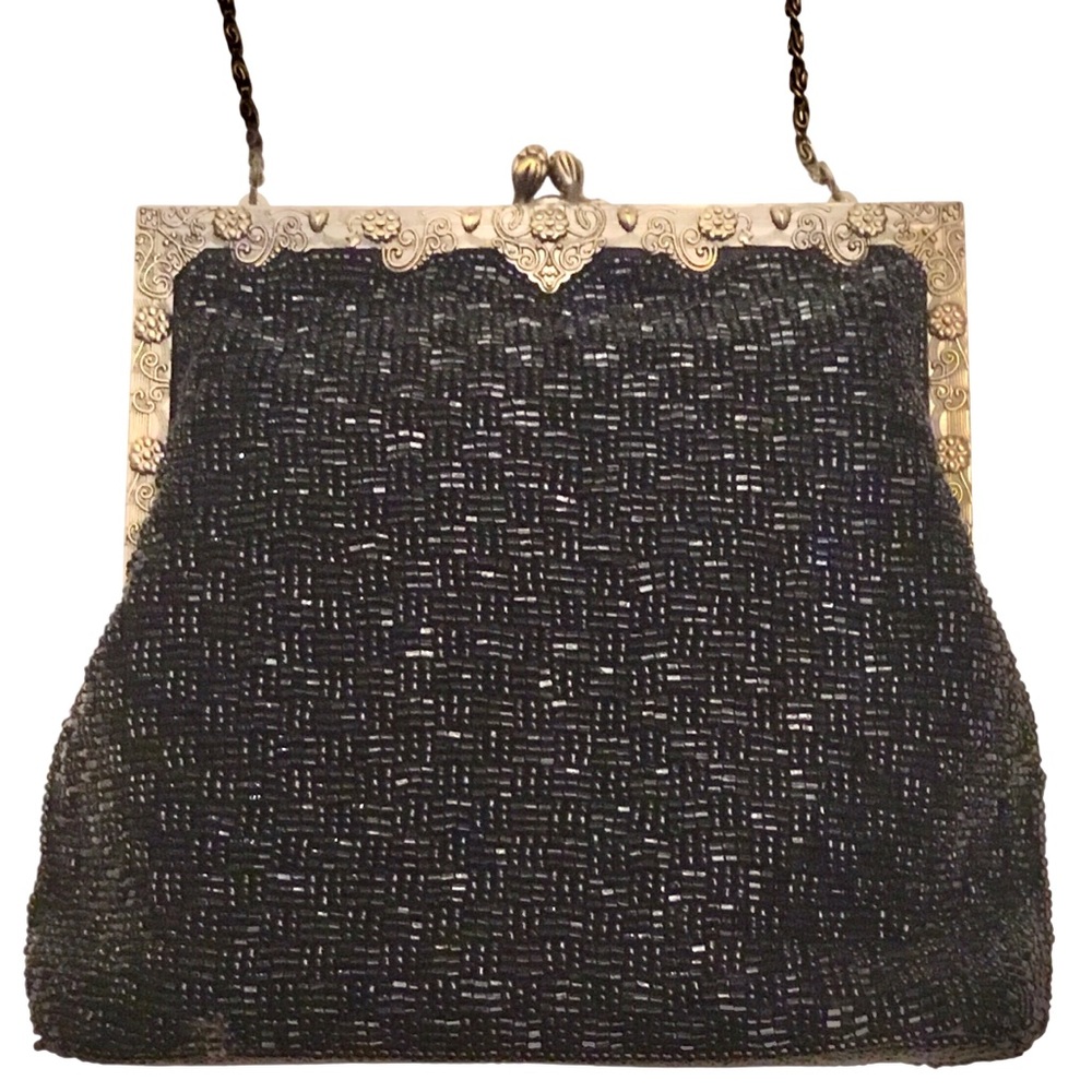 Vintage Style Regency Floral Needlepoint Beaded Evening Bag Pewter Scroll Frame - Picture 5 of 16